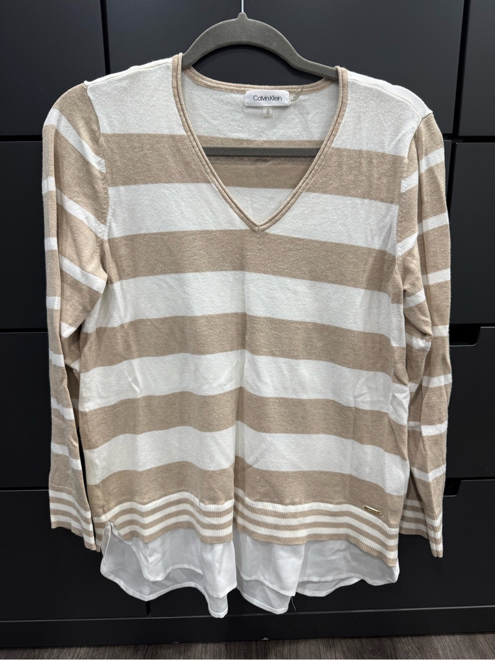 Calvin Klein Striped V-Neck Sweater in Beige and White